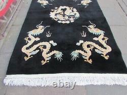 Vintage Hand Made Art Deco Chinese Carpet Black Wool Large Rug 247x154cm Dargon