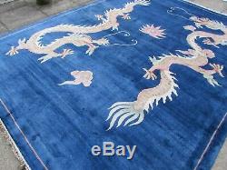 Vintage Hand Made Art Deco Chinese Oriental Blue Silk Large Carpet 355x265cm