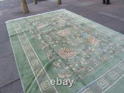 Vintage Hand Made Art Deco Chinese Oriental Green Wool Large Carpet 336x246cm