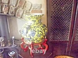 Vintage Hand Made Large Chinese Yellow & Blue Porcelain Vase & Stand