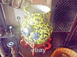 Vintage Hand Made Large Chinese Yellow & Blue Porcelain Vase & Stand