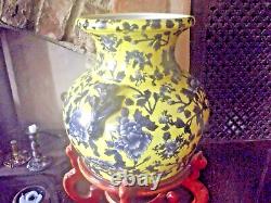 Vintage Hand Made Large Chinese Yellow & Blue Porcelain Vase & Stand