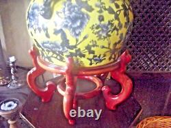 Vintage Hand Made Large Chinese Yellow & Blue Porcelain Vase & Stand