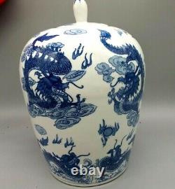 Vintage Large Blue White Chinese Dragons Ginger Jar Decoration