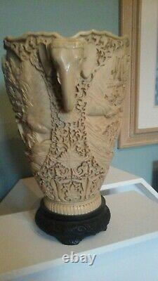 Vintage Large Carved Resin/Soapstone Chinese Oriental Vase Elephant Handles