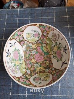 Vintage Large Chinese Bowl Depicting Scene and Floral Decoration