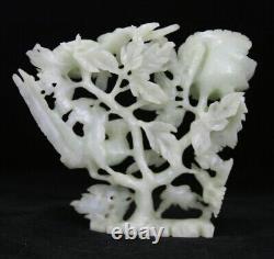 Vintage Large Chinese JADE Sculpture of Carved Magpie Birds & Lucky Flowers