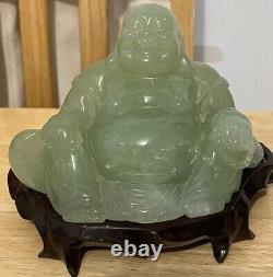 Vintage Large Chinese Jade Buddha On Wooden Stand