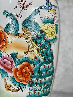 Vintage Large Chinese Pink Porcelain Peacock Floral Motif Floor Vase