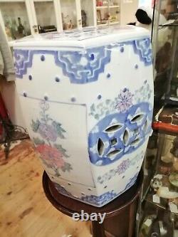 Vintage Large Oriental Ceramic Blue And White Plant Stand Garden Seat