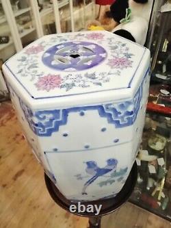 Vintage Large Oriental Ceramic Blue And White Plant Stand Garden Seat