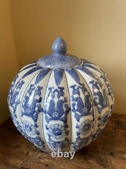 Vintage Large Oversized Chinese Blue White Pumpkin Ginger Jar Kitchen Storage