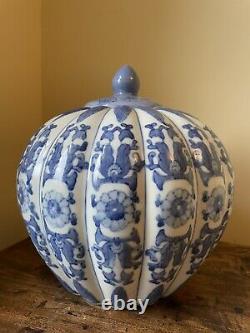 Vintage Large Oversized Chinese Blue White Pumpkin Ginger Jar Kitchen Storage