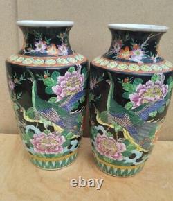 Vintage Old Antique Style Oriental Japanese tall large heavy China Vases pair 2