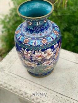 Vintage Oriental Large Cloisonné Vases With Flowers / Antique Chinese