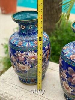 Vintage Oriental Large Cloisonné Vases With Flowers / Antique Chinese