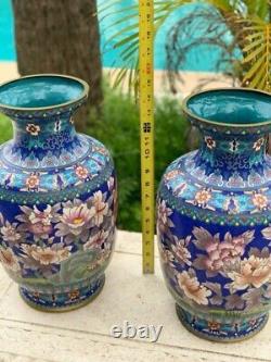 Vintage Oriental Large Cloisonné Vases With Flowers / Antique Chinese