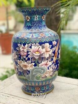 Vintage Oriental Large Cloisonné Vases With Flowers / Antique Chinese