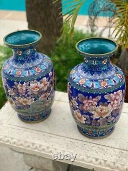 Vintage Oriental Large Cloisonné Vases With Flowers / Antique Chinese