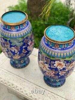 Vintage Oriental Large Cloisonné Vases With Flowers / Antique Chinese