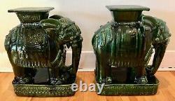 Vintage Pair 1960s Large Emerald Green Ceramic Elephant Plant Sand / Side Table
