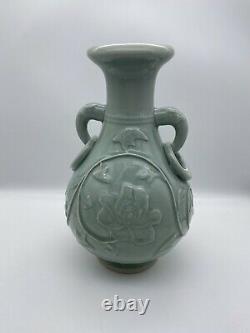 Vintage large Chinese vase caledon green handles