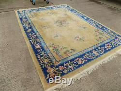 Vintage, large, chinese, floral, wool, thick pile, carpet, 12' x 9', large rug, yellow
