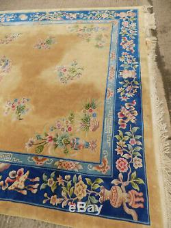 Vintage, large, chinese, floral, wool, thick pile, carpet, 12' x 9', large rug, yellow