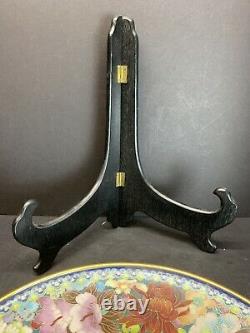 Vtg 19th C. Chinese Cloisonne Enamel Flowers Large 15 In Width Plate Wood Stand