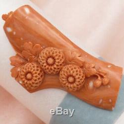 Vtg Antique LARGE 2.75 Chinese Dark Pink Carved Flower Momo Coral Brooch Pin