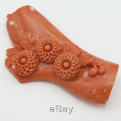 Vtg Antique LARGE 2.75 Chinese Dark Pink Carved Flower Momo Coral Brooch Pin
