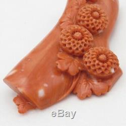 Vtg Antique LARGE 2.75 Chinese Dark Pink Carved Flower Momo Coral Brooch Pin