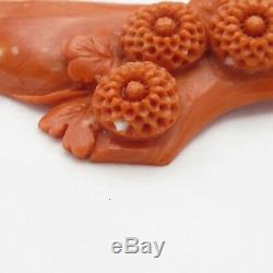 Vtg Antique LARGE 2.75 Chinese Dark Pink Carved Flower Momo Coral Brooch Pin