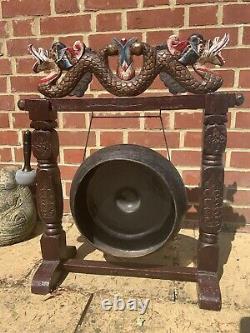Vtg Large Chinese Gong On Hand Painted Wooden Frame Org Striker Good Condition