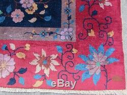 Worn Antique Hand Made Art Deco Chinese Blue Red Wool Large Carpet 350x277cm