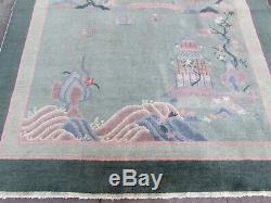 Worn Antique Hand Made Art Deco Chinese Green Wool Large Carpet 270x187cm