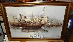 Young Woo Chinese Fishing Port Scene Large Original Oil On Canvas Painting