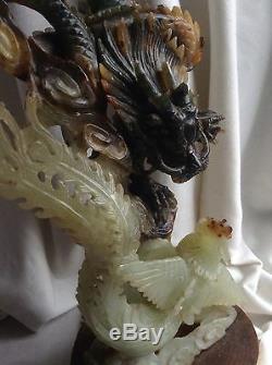 14 Antique Chinois Grand Jade Blanc Dragon Sculpture Phoenix Statue Figurine