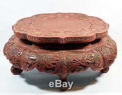 18 C. Antique Grande Table Laque De Chine Cinabre Stand Vase Bol Bois