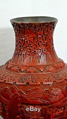 18c Antique Chinois Rouge Laque Immortals Large Cinabre Sur Paysage Vase 14