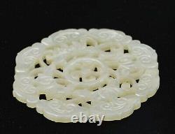 18c Ou 19c Chinese White Jade Carved Carving Large Plaque Pendentif Nuage & Lily