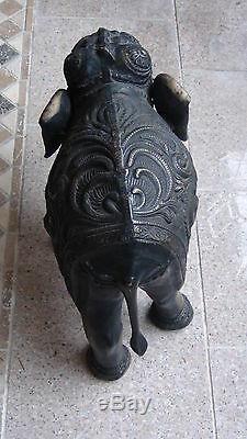 19c Antique Chinois Très Grand Bronze Statue D'éléphant D'ornement