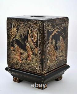 19c Chinese Gilt Laquer Wood Box Large Scholar Seal Chop Chirographie & Figure