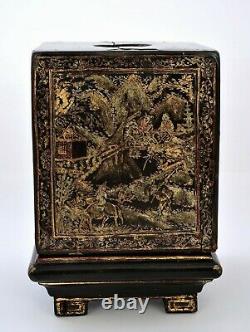 19c Chinese Gilt Laquer Wood Box Large Scholar Seal Chop Chirographie & Figure