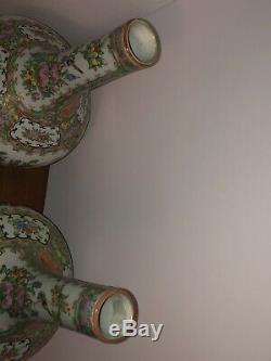 19ème Siècle Chinois Famille Bouteille Médaillon Rose Vases Grande Paire Qing Période