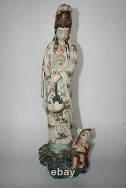 26.3 Grand Porcelaine Chinoise De Grande Taille Guan Yin Avec Statue Figurine Enfant 7kg