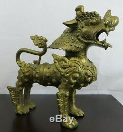 2 Grand Gardien Foo Chiens Set Chinois Temple Laiton / Bronze Foodog Antique Métal