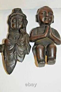 2 Grandes Statues De Bronze Chinoise Antique De Bouddha Et De Guanyin, C1920