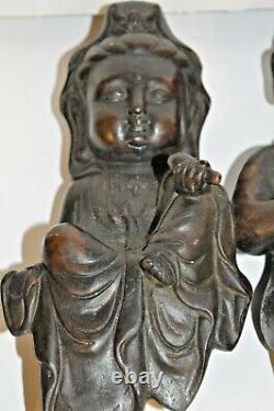 2 Grandes Statues De Bronze Chinoise Antique De Bouddha Et De Guanyin, C1920