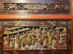2 Panneaux De Temple En Bois De Gilt Sculpté À La Main Chinoise Antique